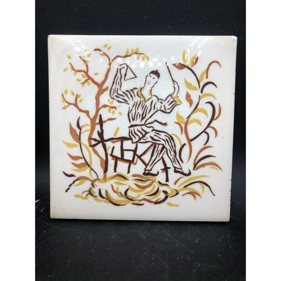 Vintage Handpainted Ceramic Tile Musician Brown Tones 6" x 6" Mid Century Modern - Picture 1 of 5